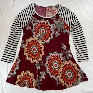Unbranded Burgundy Floral Mandala Striped Raglan Baseball Tee Small Women